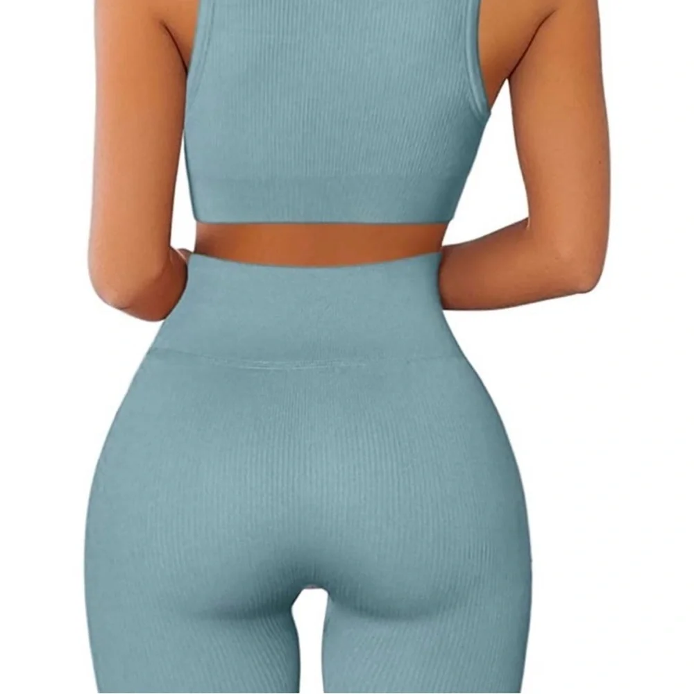 Qinsen NWOT Workout 2 Piece Ribbed Seamless Crop Tank High Waist Yoga Leggings - Picture 2 of 5
